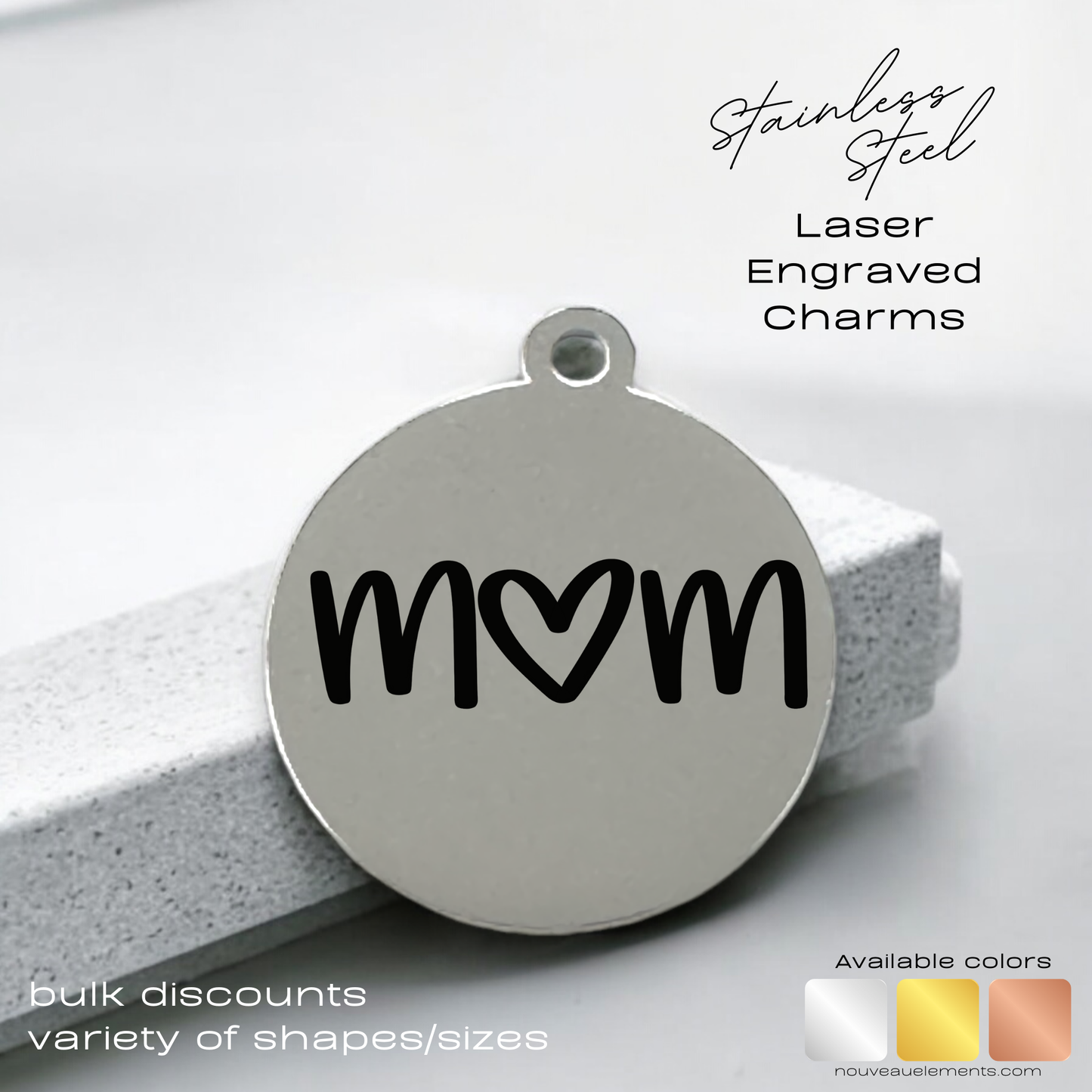 Mom (heart) | Laser Engraved Stainless Steel Charm