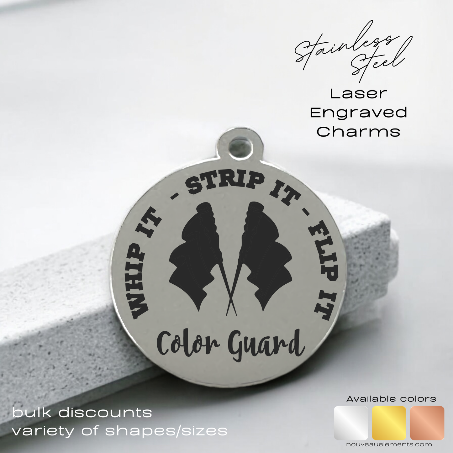 Whip it Strip it Color Guard | Laser Engraved Stainless Steel Charm